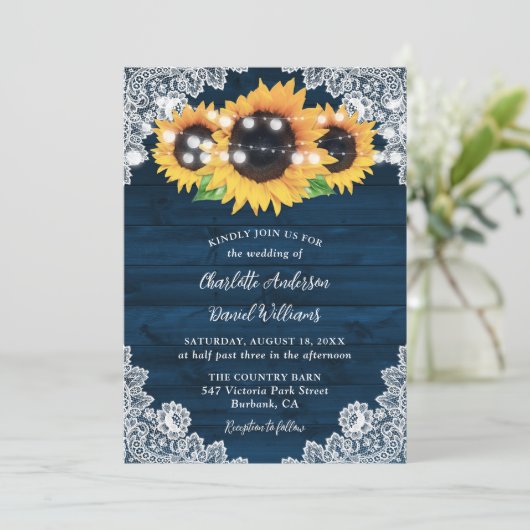 Rustic Navy Blue Wood Lace Sunflower Wedding Kaart (Staand voorkant)