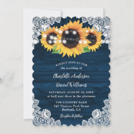 Rustic Navy Blue Wood Lace Sunflower Wedding Kaart