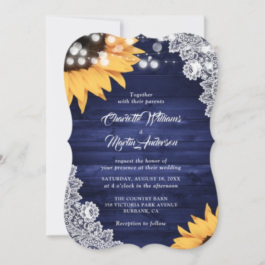 Rustic Navy Blue Wood Lace Sunflower Wedding Kaart (Voorkant)