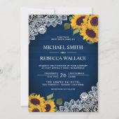 Rustic Navy Blue Wood Lace Sunflower Wedding Kaart (Voorkant)