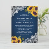 Rustic Navy Blue Wood Lace Sunflower Wedding Kaart (Staand voorkant)