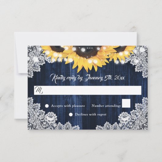 Rustic Navy Blue Wood Lace Sunflower Wedding RSVP Kaartje (Voorkant)
