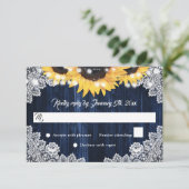 Rustic Navy Blue Wood Lace Sunflower Wedding RSVP Kaartje (Staand voorkant)