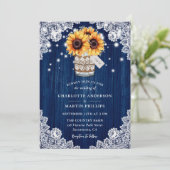 Rustic Navy Blue Wood Mason Jar Sunflower Wedding Kaart (Staand voorkant)