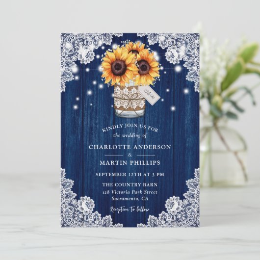 Rustic Navy Blue Wood Mason Jar Sunflower Wedding Kaart (Staand voorkant)