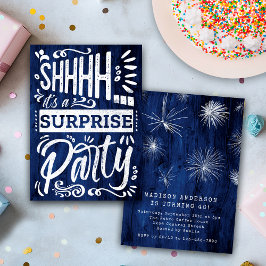 Rustic Navy Blue Wood Shh Surprise Birthday Party Kaart