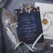 Rustic Navy Blue Wood String Light QR Code Wedding Kaart