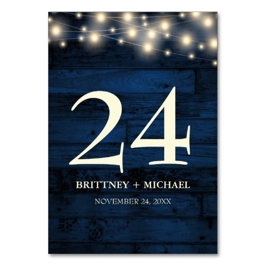 Rustic Navy Blue Wood String Light Table Kaart (Achterkant)