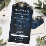 Rustic Navy Blue Wood String Light Wedding Song All In One Uitnodiging<br><div class="desc">Deze budgetvriendelijke Rustic Wood String Light Wedding-uitnodigingen zijn ontworpen met een gemakkelijk te verwijderen,  geperforeerd RSVP-briefkaart. Schuif gewoon elke kaart in de aangegeven vorm,  en verzegel en verzend - geen envelop nodig voor de verzending.</div>
