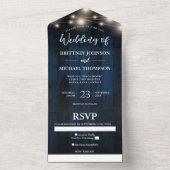 Rustic Navy Blue Wood String Light Wedding Song All In One Uitnodiging (Binnen)