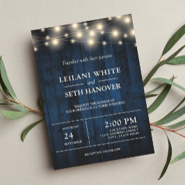 Rustic Navy Blue Wood String Lights Wedding Kaart