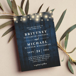 Rustic Navy Blue Wood String Lights Wedding Kaart