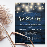 Rustic Navy Blue Wood String Lights Wedding Kaart<br><div class="desc">Deze rustige,  boho-geïnspireerde huwelijksuitnodiging sjabloon kenmerkt koordlichten met een rustige marineachtergrond.</div>