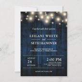 Rustic Navy Blue Wood String Lights Wedding Kaart (Voorkant)