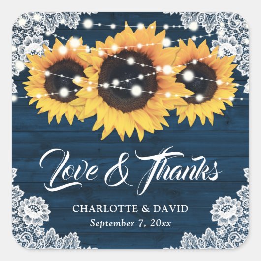 Rustic Navy Blue Wood Sunflower Weddenschap Vierkante Sticker (Voorkant)
