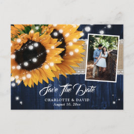 Rustic Navy Blue Wood Sunflower Wedding Photo Aankondigingskaart