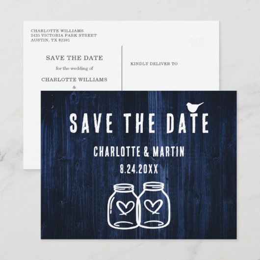Rustic Navy Blue Wood Wedding Save the Date Aankondigingskaart (Voorkant / Achterkant)