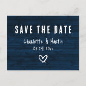 Rustic Navy Blue Wood Wedding Save the Date Briefkaart (Voorkant)