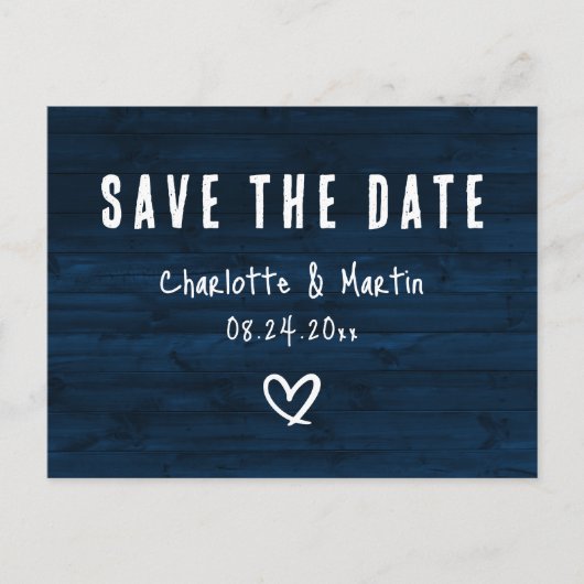 Rustic Navy Blue Wood Wedding Save the Date Briefkaart (Voorkant)