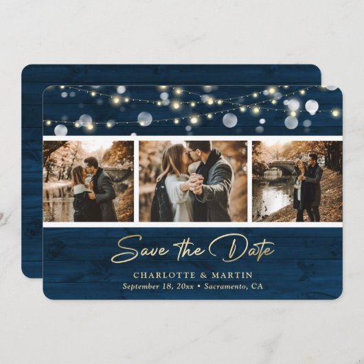 Rustic Navy Blue Wood Weduwfoto slaat de datum op Save The Date (Voorkant / Achterkant)