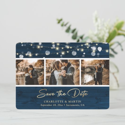 Rustic Navy Blue Wood Weduwfoto slaat de datum op Save The Date (Staand voorkant)
