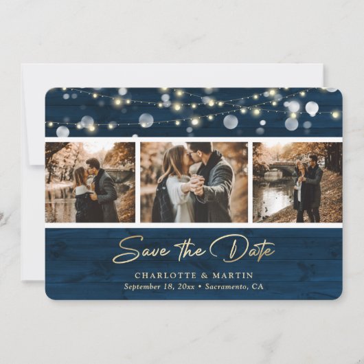Rustic Navy Blue Wood Weduwfoto slaat de datum op Save The Date (Voorkant)
