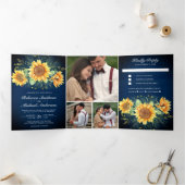 Rustic Navy Blue Wood - zonnebloemen Foto bruiloft Drieluik Uitnodiging (Binnen)