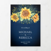 Rustic Navy Blue Wood - zonnebloemen Foto bruiloft Drieluik Uitnodiging (Cover)