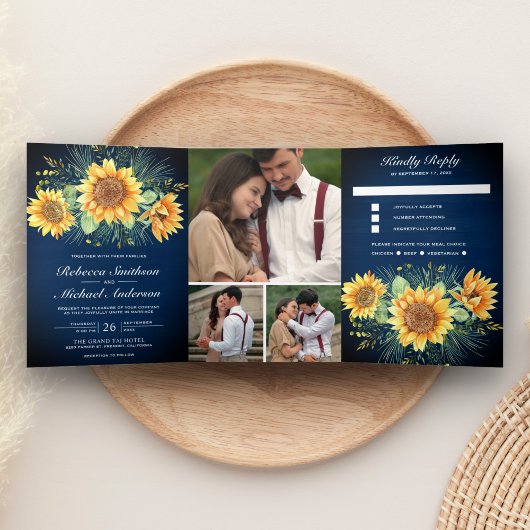 Rustic Navy Blue Wood - zonnebloemen Foto bruiloft Drieluik Uitnodiging