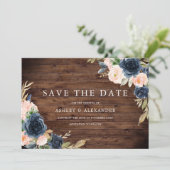 Rustic Navy Blush Bloemen Bruiloft Save The Date (Staand voorkant)