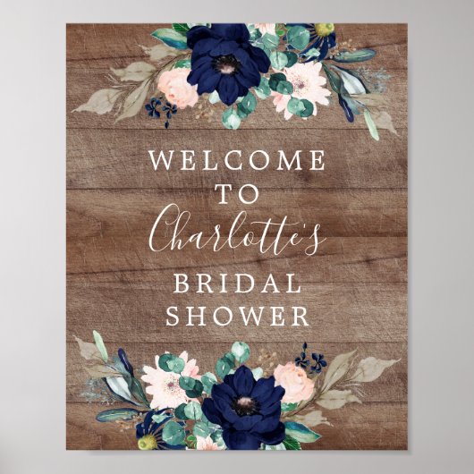 Rustic Navy & Blush Bruiloft Feest Welkomstbord Poster (Voorkant)