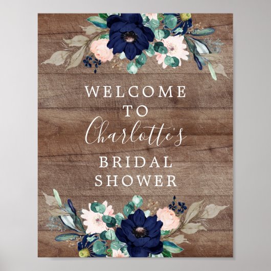 Rustic Navy & Blush Bruiloftsborrel Welkomstbord Poster (Voorkant)
