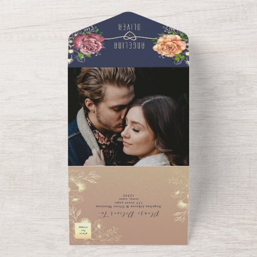 Rustic Navy Blush Floral Wedding All In One Uitnodiging (Buitenkant)