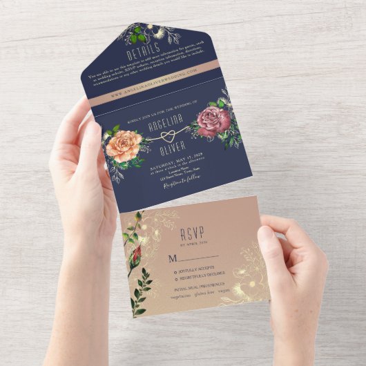 Rustic Navy Blush Floral Wedding All In One Uitnodiging (Afscheurbaar)