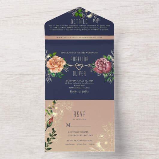 Rustic Navy Blush Floral Wedding All In One Uitnodiging (Binnen)