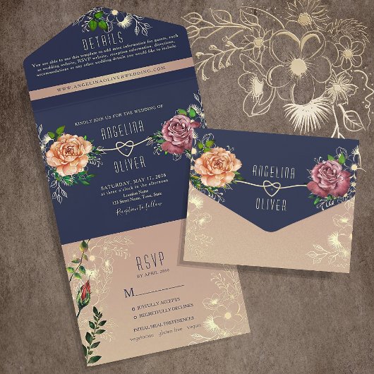 Rustic Navy Blush Floral Wedding All In One Uitnodiging