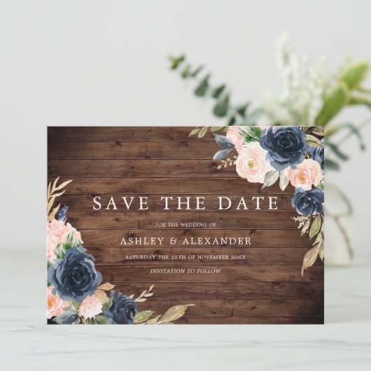 Rustic Navy Blush Floral Wedding Save The Date (Staand voorkant)