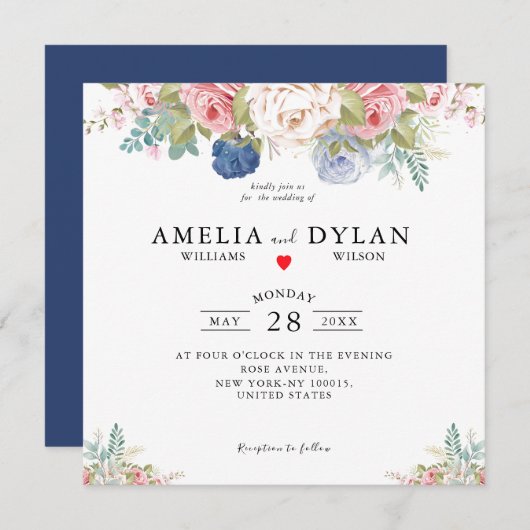 Rustic Navy Blush Pink Floral Modern Wedding Invit Kaart (Voorkant / Achterkant)