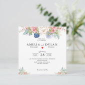 Rustic Navy Blush Pink Floral Modern Wedding Invit Kaart (Staand voorkant)