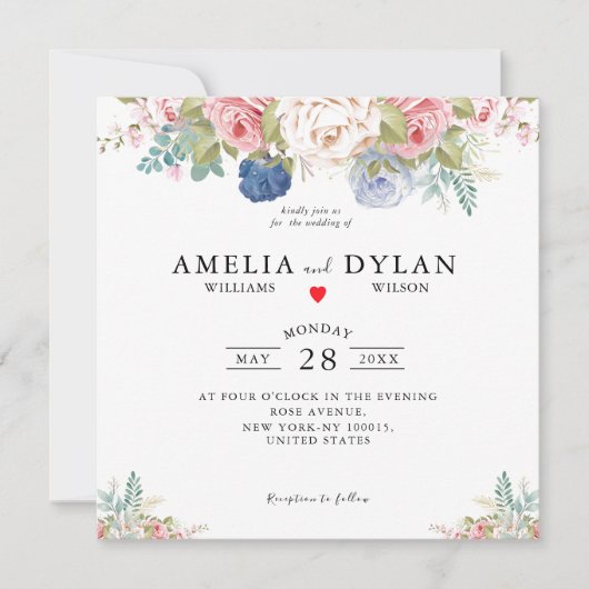 Rustic Navy Blush Pink Floral Modern Wedding Invit Kaart (Voorkant)
