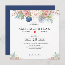 Rustic Navy Blush Pink Floral Modern Wedding Invit