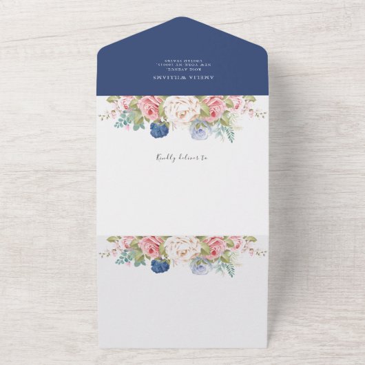 Rustic Navy Blush Pink Modern All In One Uitnodiging (Buitenkant)