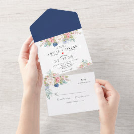 Rustic Navy Blush Pink Modern All In One Uitnodiging