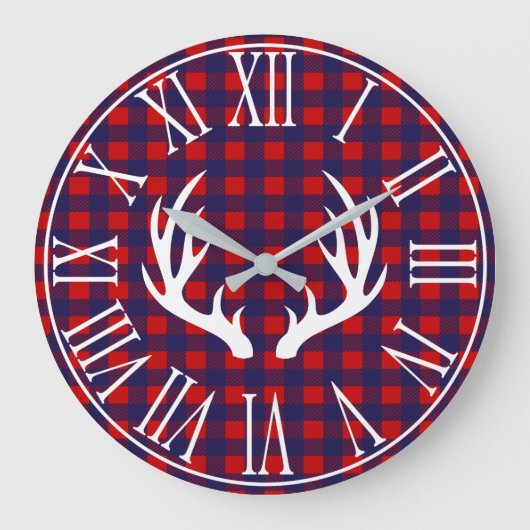 Rustic Navy Buffalo Check Pset & Deer Antlers Grote Klok (Voorkant)