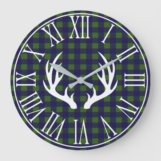 Rustic Navy Buffalo Check Pset & Deer Antlers Grote Klok (Voorkant)