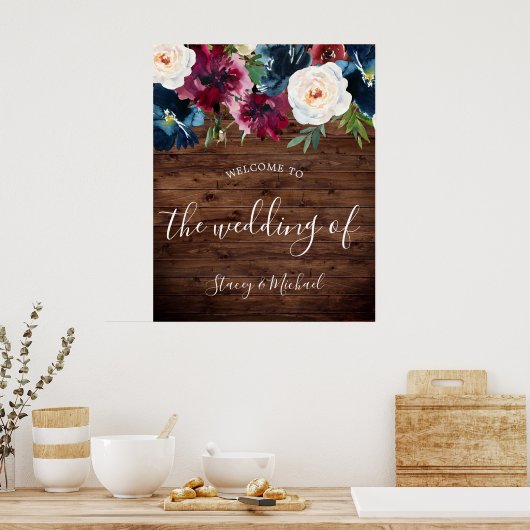 Rustic Navy & Burgundy Floral Welkomsthuwelijk Poster (Keuken)