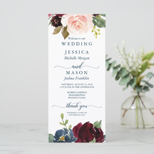 Rustic Navy Burgundy Wedding Programme Programmakaart (Staand voorkant)