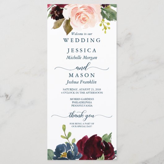 Rustic Navy Burgundy Wedding Programme Programmakaart (Voorkant)