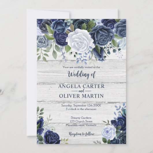 Rustic Navy Dusty Blue Waterverf Floral Wood Kaart (Voorkant)