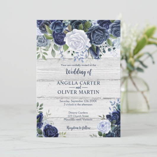 Rustic Navy Dusty Blue Waterverf Floral Wood Kaart (Staand voorkant)